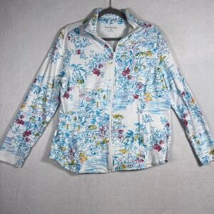 Kim Rogers Womens Medium Full Zip Jacket Beach Coastal Print Cotton White Blue